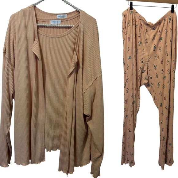 Pajama 3 Piece Set 3X Peach Pink Cardigan Top Zodiac Print Pants Loungewear - Picture 1 of 12